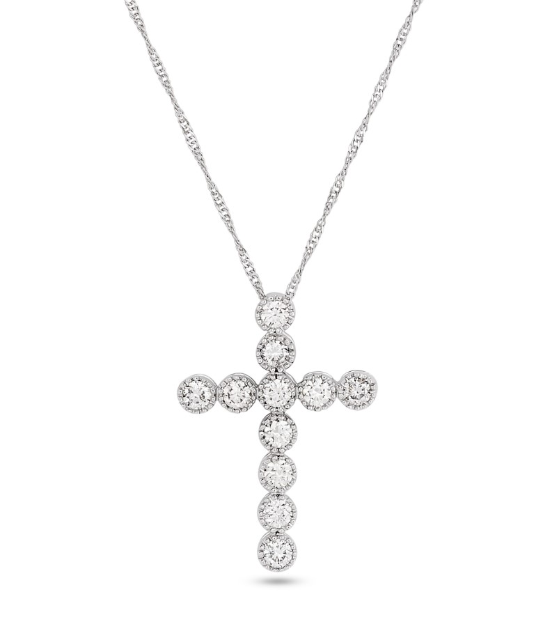 14Kt White Gold Milgrain Cross Necklace With (11) Round Diamonds Weighing 0.55cttw