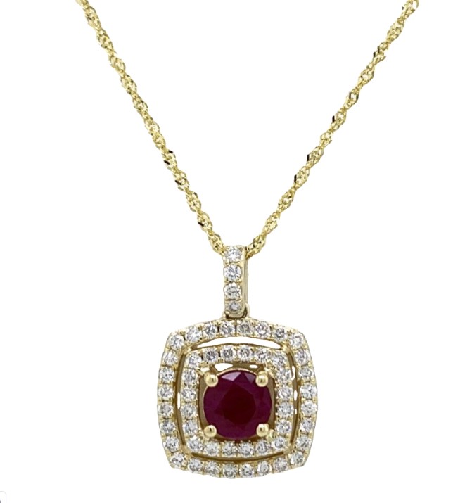 14Kt Yellow Gold Halo Style Necklace With A Round Ruby Weighing 0.90ct And (52) Round Diamonds Weighing 0.48ct
