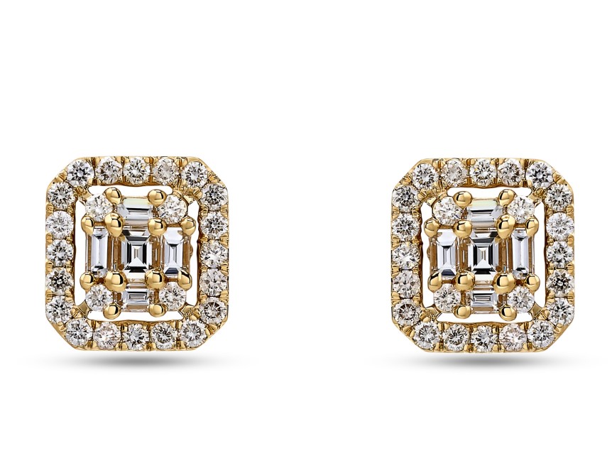 14Kt Yellow Gold Halo Style Studs With (48) Round Diamonds Weighing 0.47ct And (10) Baguette Diamonds Weighing 0.37ct