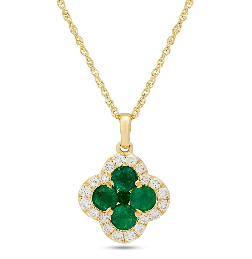 14Kt Yellow Gold Clover Necklace With (5) Round Emeralds Weighing 0.85ct And (20) Round Diamonds Weighing 0.40ct