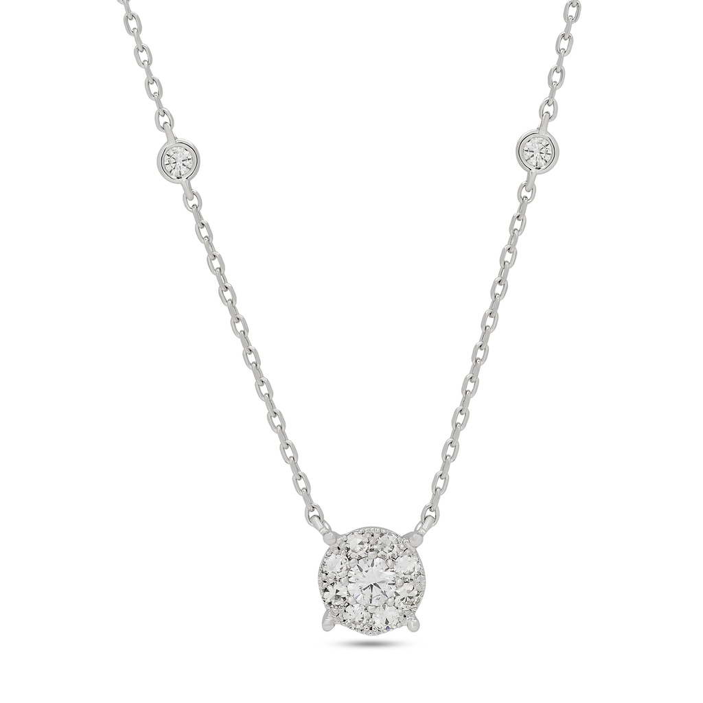 14Kt White Gold Cluster Necklace With (1) Round Diamond Weighing 0.22ct, And (16) Single Cut Diamonds Weighing 0.64ct