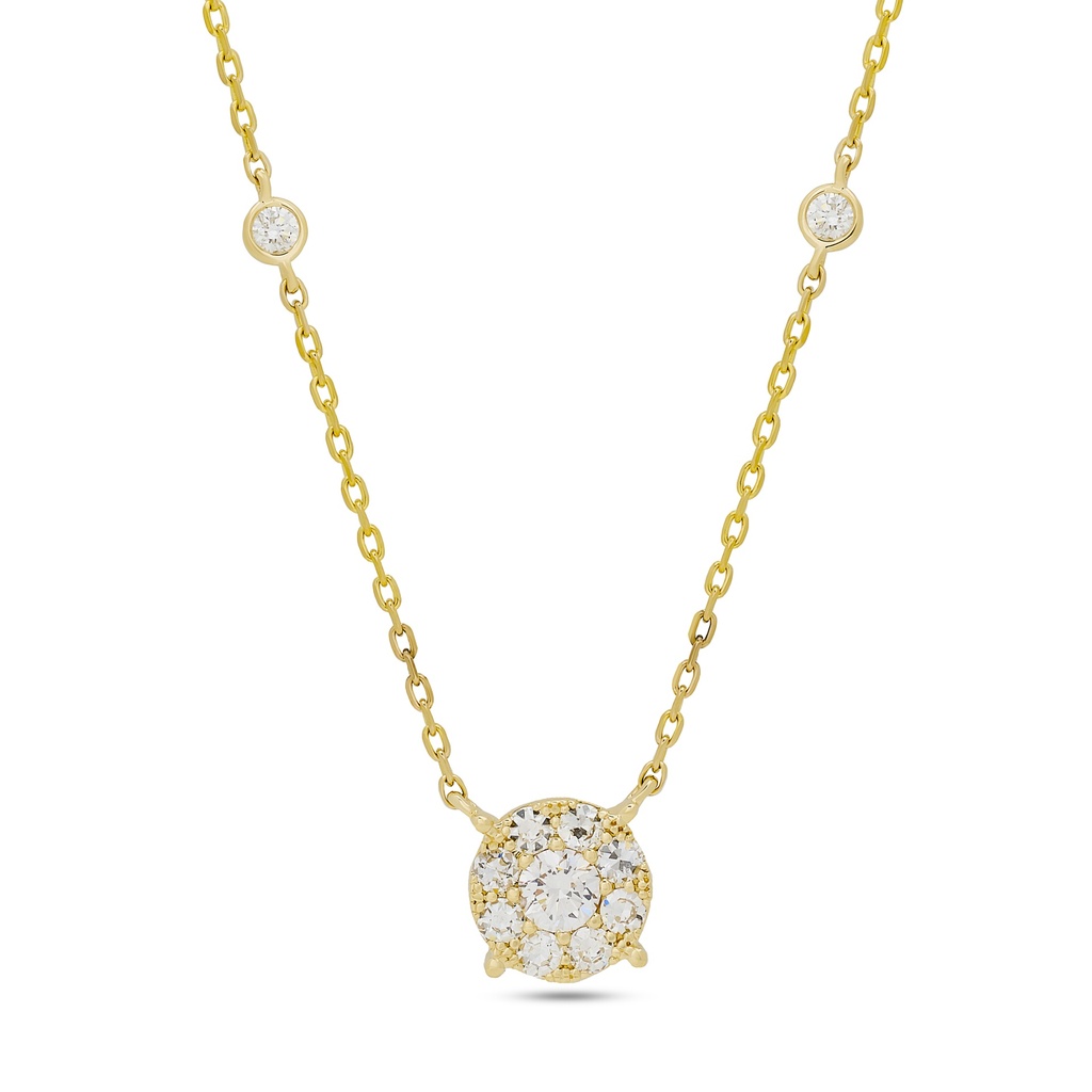 14Kt Yellow Gold Cluster Necklace With (1) Round Diamond Weighing 0.25ct, And (16) Single Cut Diamonds Weighing 0.70ct