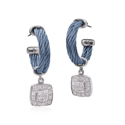 18Kt White Gold Island Blue Nautical Cable Hoops With A Dangle Of (34) Round Diamonds Weighing 0.27cttw