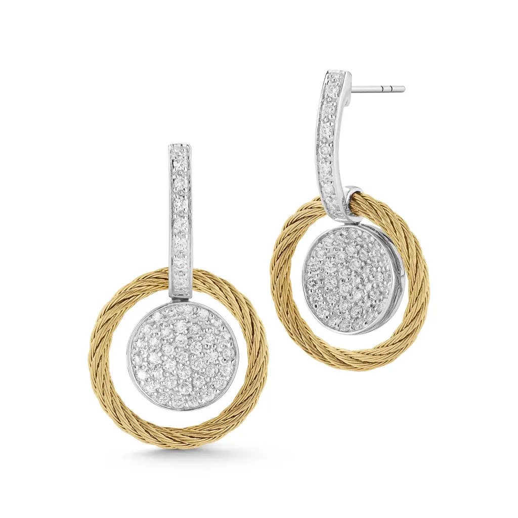 18Kt White Gold Yellow Nautical Cable Drop Earrings With Round Diamonds Weighing 0.73cttw