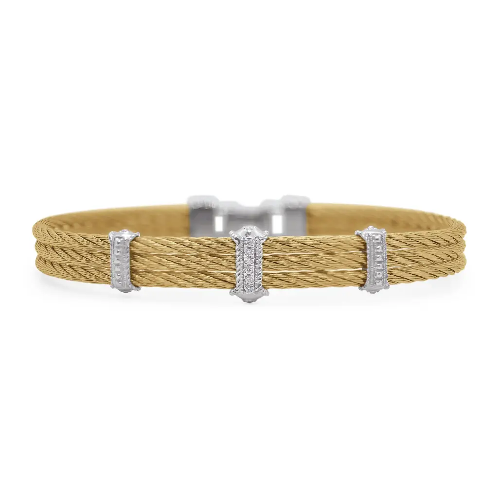 18Kt White Gold Yellow Nautical Cable Three Station Bracelet With (6) Round Diamonds Weighing 0.03cttw