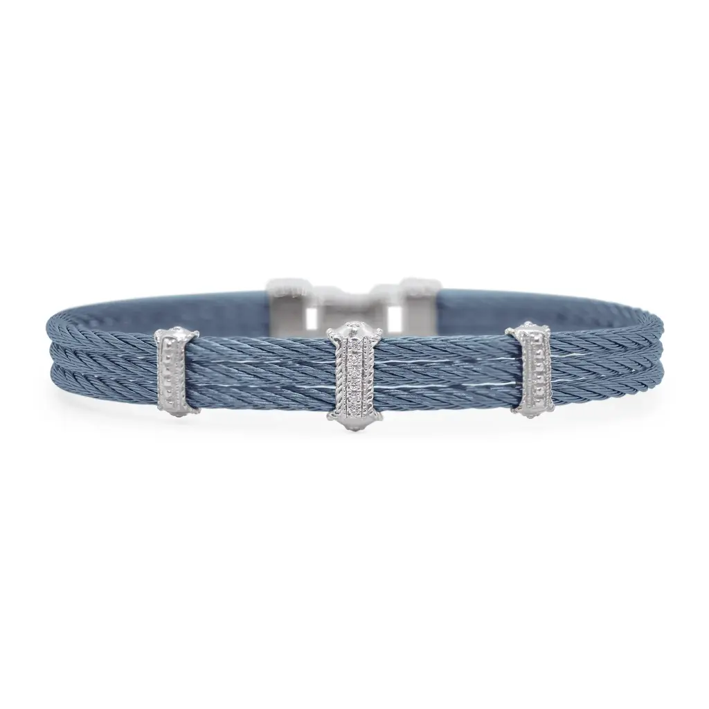 18Kt White Gold Island Blue Nautical Cable Three Station Bracelet With (6) Round Diamonds Weighing 0.03cttw