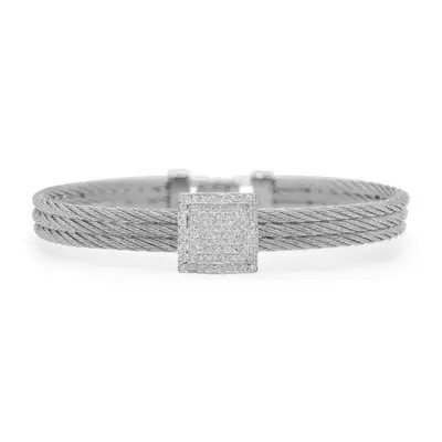 14Kt White Gold Grey Nautical Cable Square Station Bracelet With (85) Round Diamonds Weighing 0.42cttw