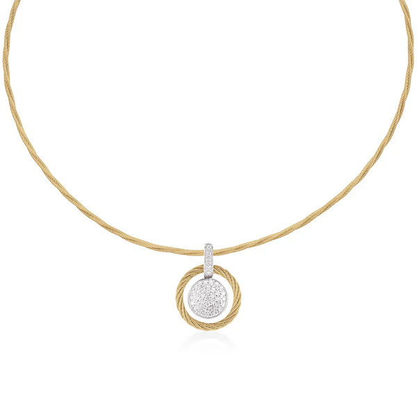 14Kt White Gold Yellow Nautical Cable Disc Necklace With (41) Round Diamonds Weighing 0.35cttw