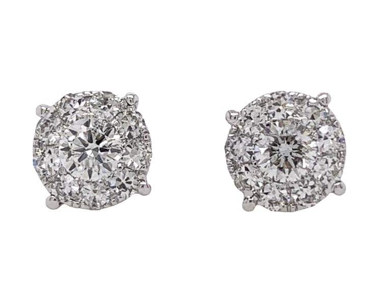 14Kt White Gold Cluster Studs With (20) Round Diamonds Weighing 1.22cttw