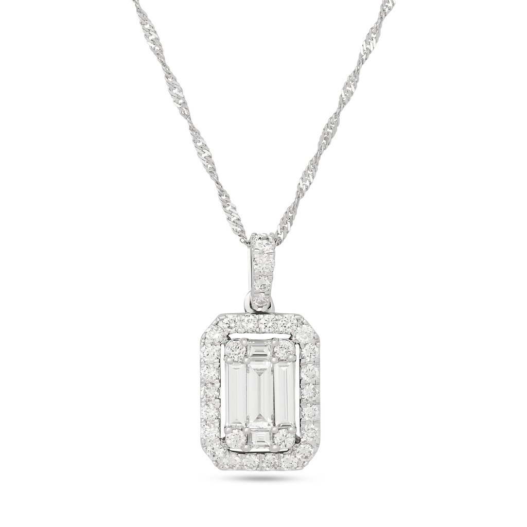 14Kt White Gold Cluster Necklace With (5) Baguette Diamonds Weighing 0.76ct And (30) Round Diamonds Weighing 0.65ct