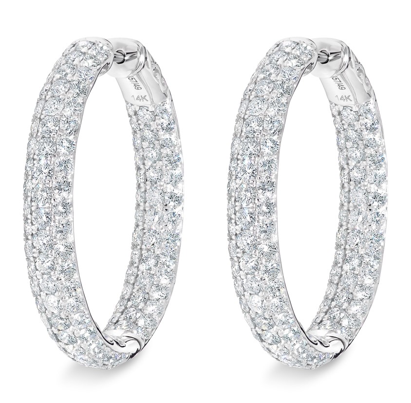 14Kt White Gold Three Row Hoop Earrings With 204 Round Pave Set Diamonds Weighing 6.90cttw G-H/SI1