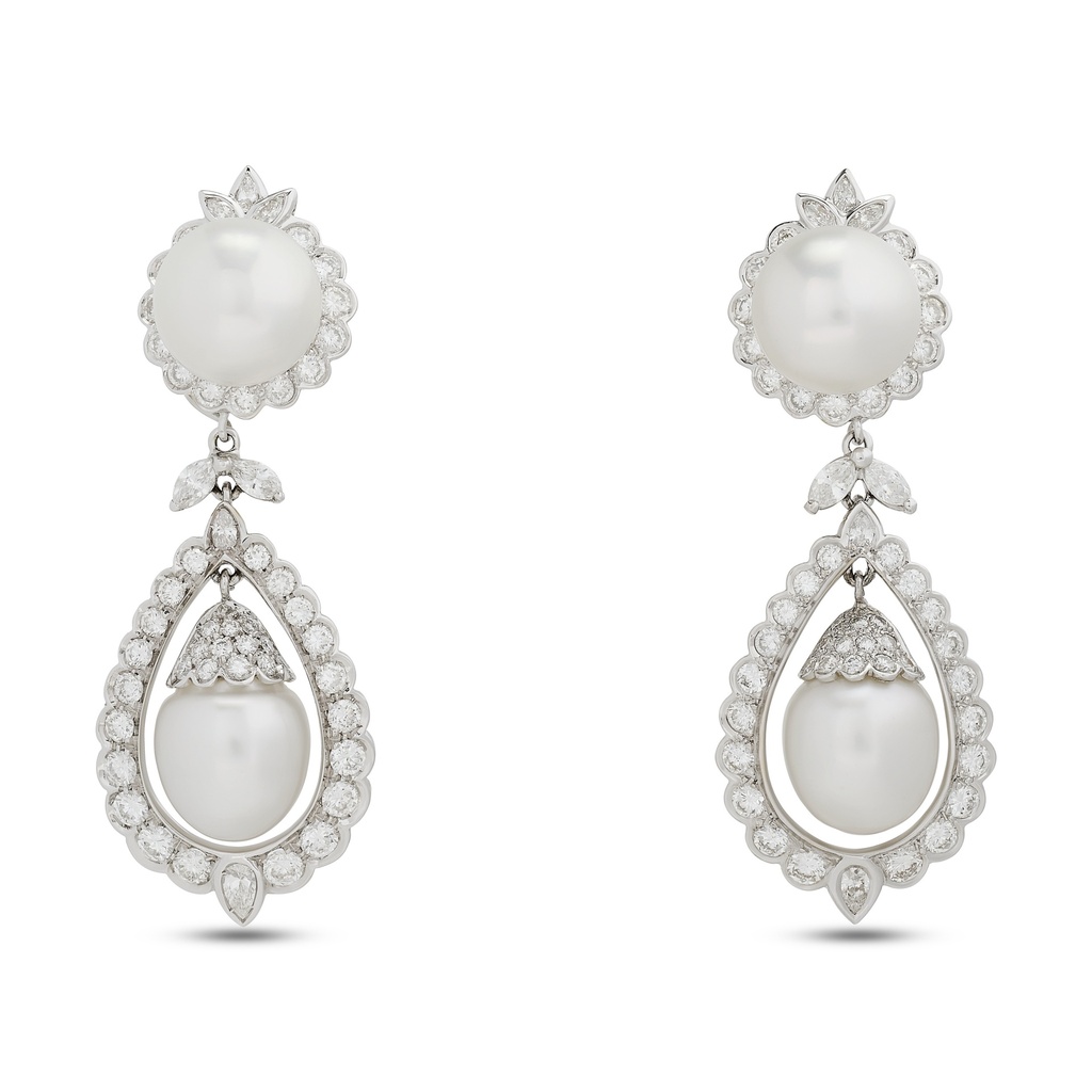 18Kt White Gold Detachable Drop Earrings With (4) Pearls, Marquise, Pear Shaped, And Round Diamonds Weighing 8.25cttw