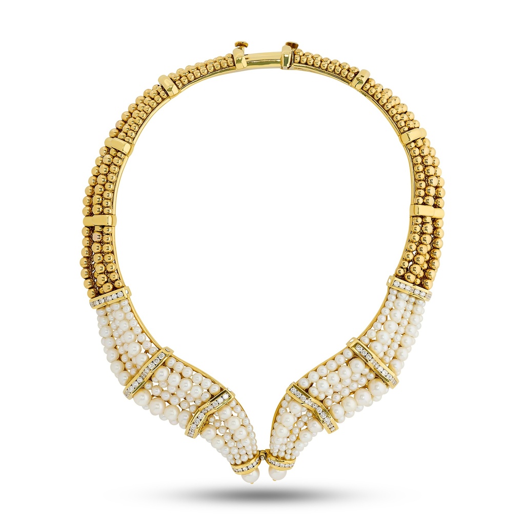 18Kt Yellow Gold Collar Necklace With Pearls And (82) Round Diamonds Weighing 2.50cttw