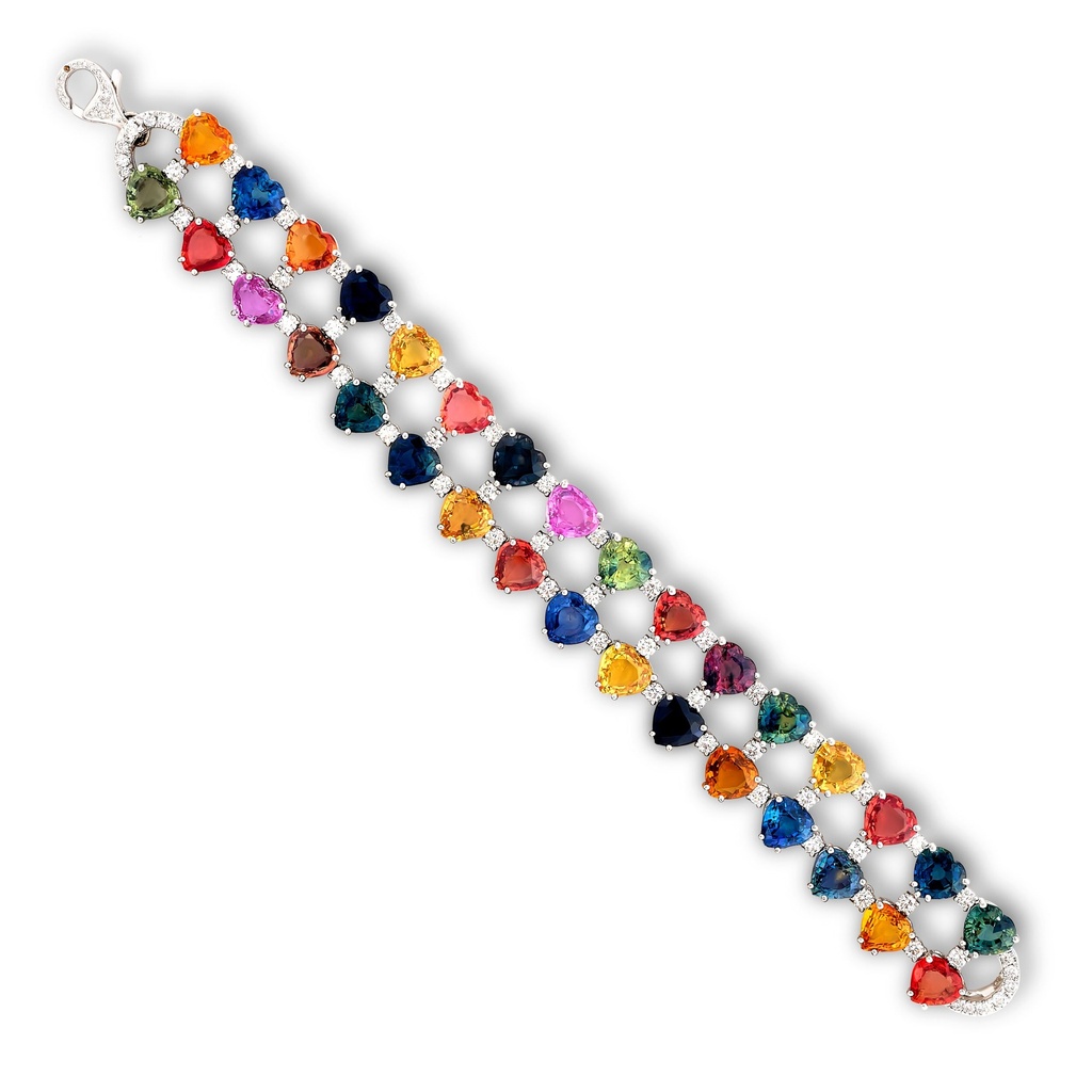 [PRTB80024-P] 18Kt White Gold Bracelet With (63) Heart and Briolette Sapphires Weighing 67.00ct and (90) Round Diamonds Weighing 3.00ct
