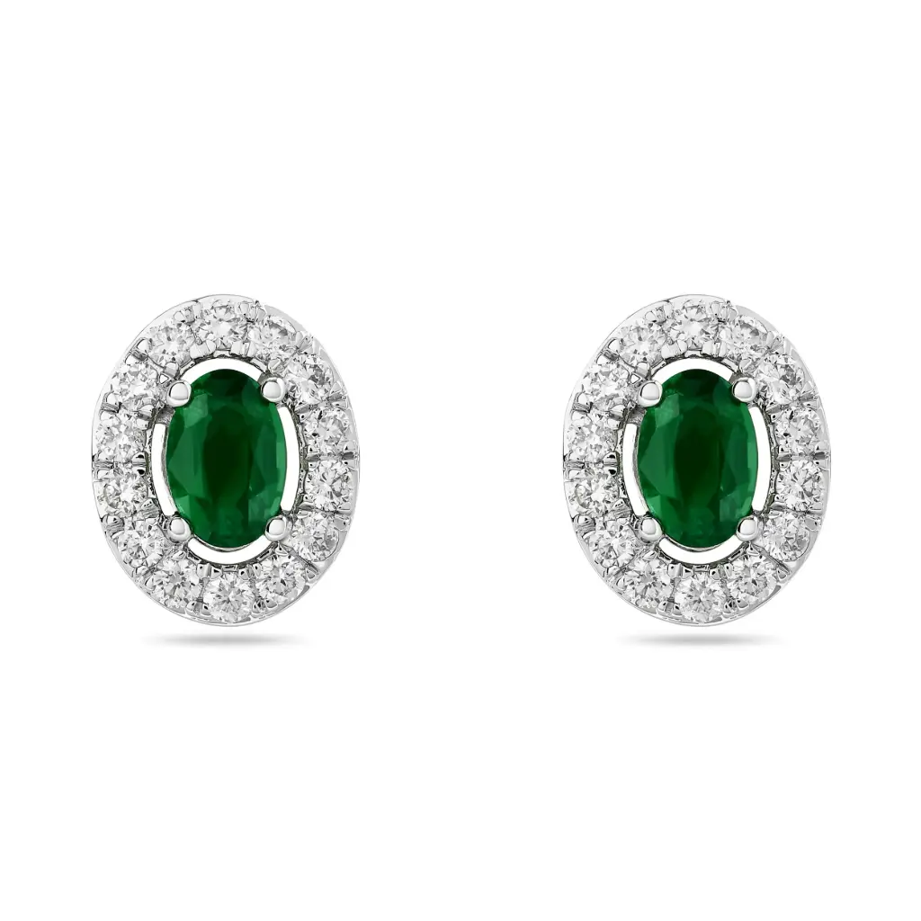 14Kt Yellow Gold Halo Style Studs With (2) Oval Emeralds Weighing 0.88ct and (28) Round Diamonds Weighing 0.51ct