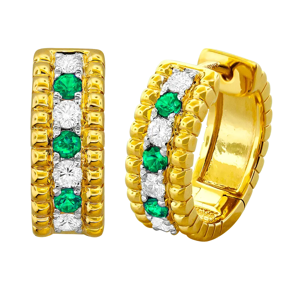 [E6720-EM] 18Kt Yellow Gold Hinged Hoops With (6) Emeralds Weighing 0.18ct And (8) Round Diamonds Weighing 0.28ct