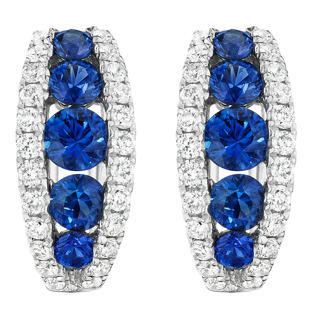 [E5596-S] 18Kt White Gold Drop Earrings With (10) Round Sapphires Weighing 1.12ct And (48) Round Diamonds Weighing 0.44ct