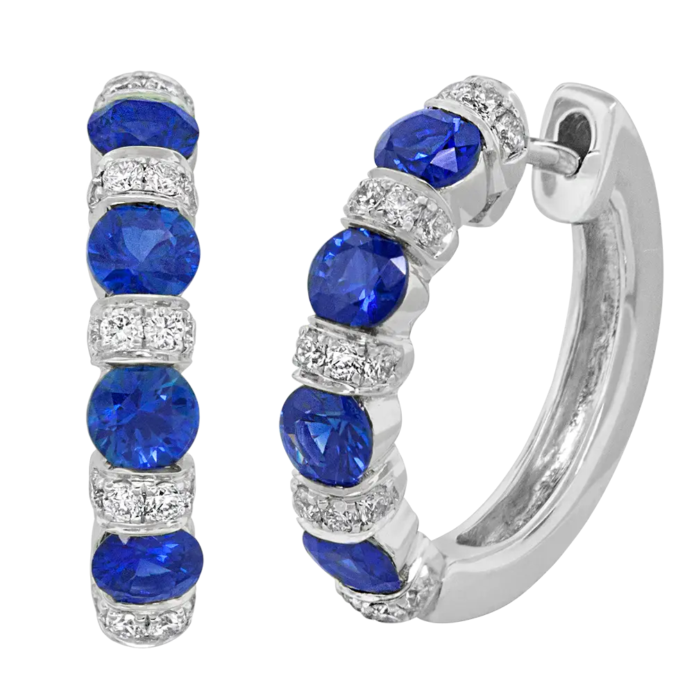 18Kt White Gold Hoops With (8) Round Sapphires Weighing 1.04ct And (20) Round Diamonds Weighing 0.26ct