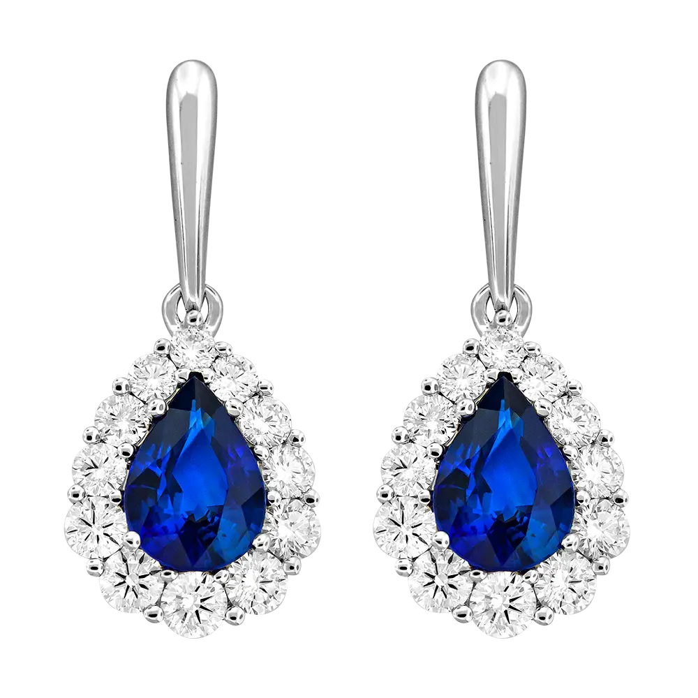 18Kt White Gold Drop Earrings With (2) Pear Shaped Sapphires Weighing 1.80ct And (24) Round Diamonds Weighing 0.78ct