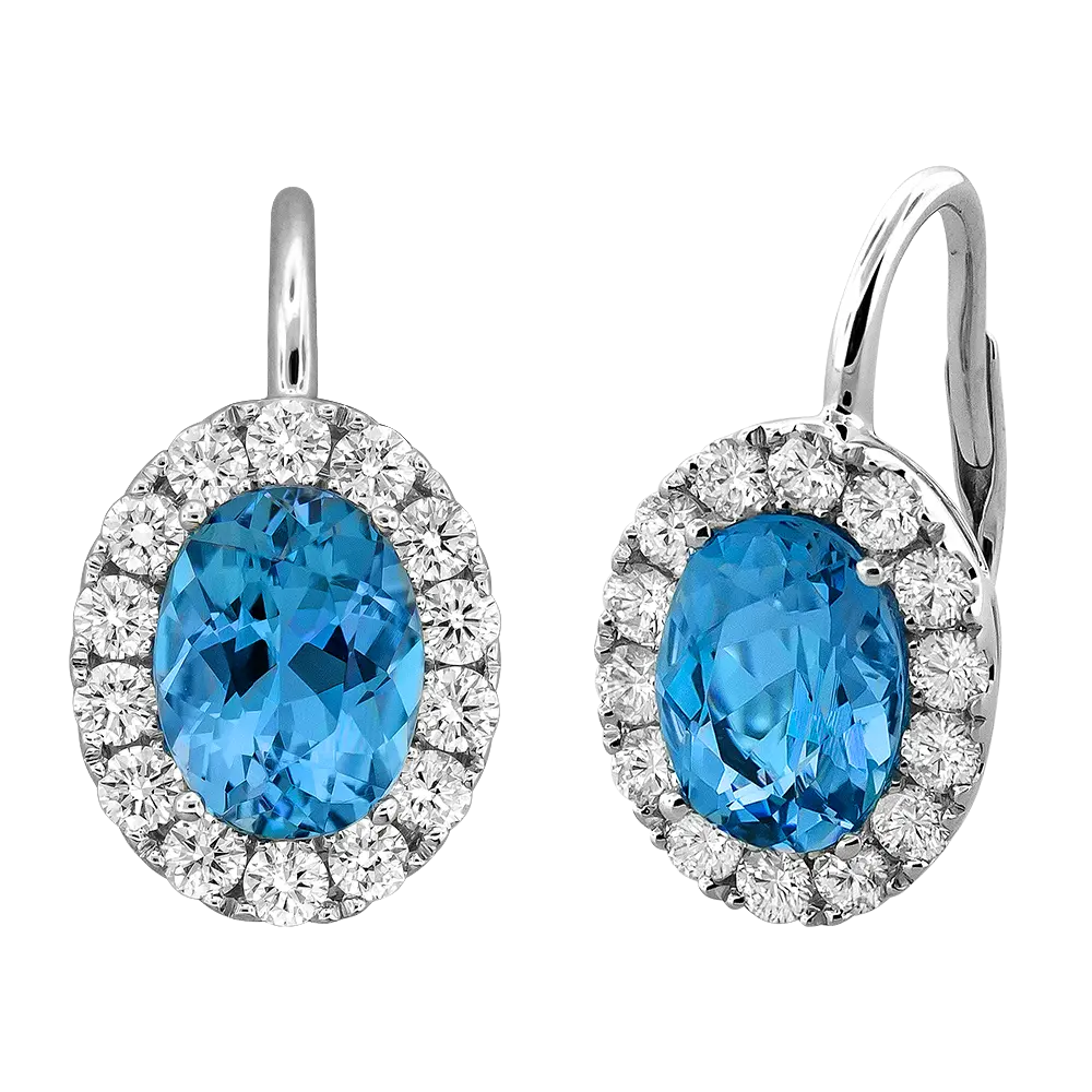 [E6762-AQ] 18Kt White Gold Halo Style Drop Earrings With (2) Oval Aquamarines Weighing 2.70ct And (28) Round Diamonds Weighing 0.70ct