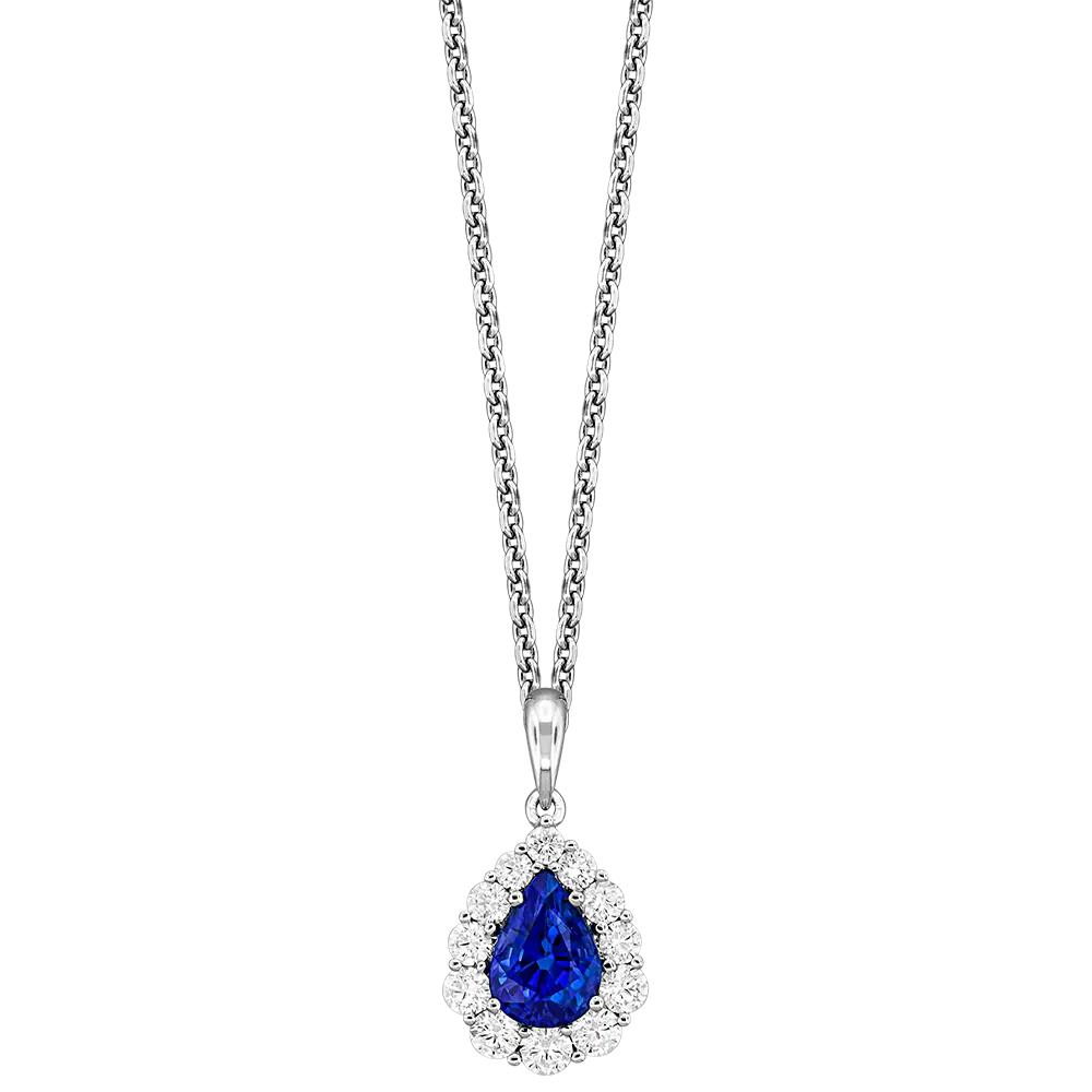 18Kt White Gold Halo Style Necklace With A Pear Shaped Sapphire Weighing 0.90ct And (12) Round Diamonds Weighing 0.39ct