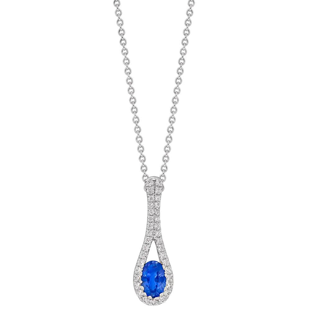18Kt White Gold Necklace With An Oval Sapphire Weighing 0.60ct And (35) Round Diamonds Weighing 0.21ct