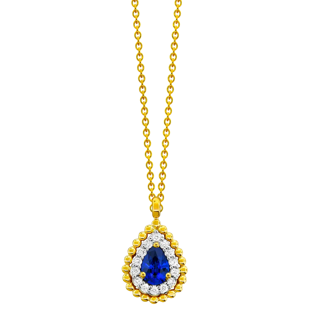 [P6746-S] 18Kt Two Toned Halo Style Necklace With A Pear Shaped Sapphire Weighing 0.55ct And (14) Round Diamonds Weighing 0.14ct