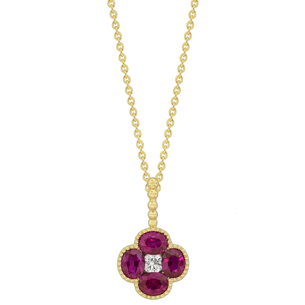 18Kt Yellow Gold Flower Necklace With (4) Round Rubies Weighing 1.40ct And (1) Round Diamond Weighing 0.11ct