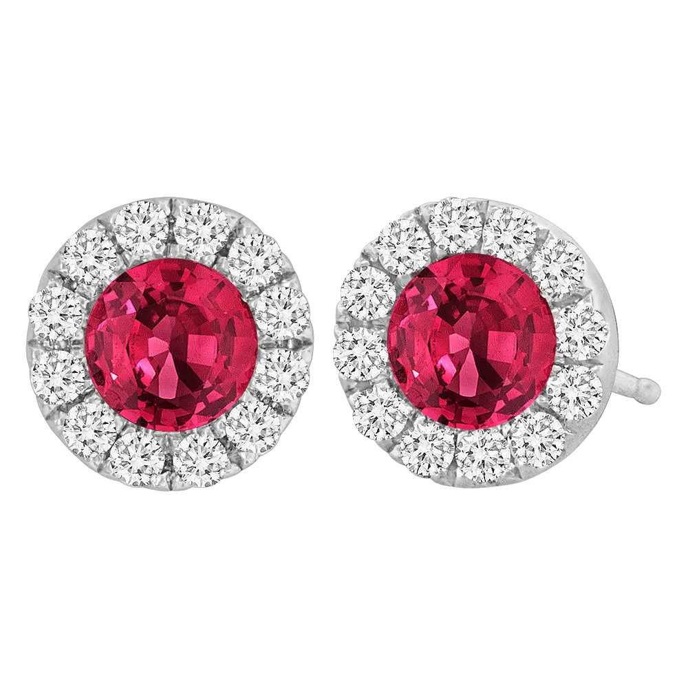 18Kt White Gold Studs With (2) Round Rubies Weighing 0.40ct And (24) Round Diamonds Weighing 0.15ct