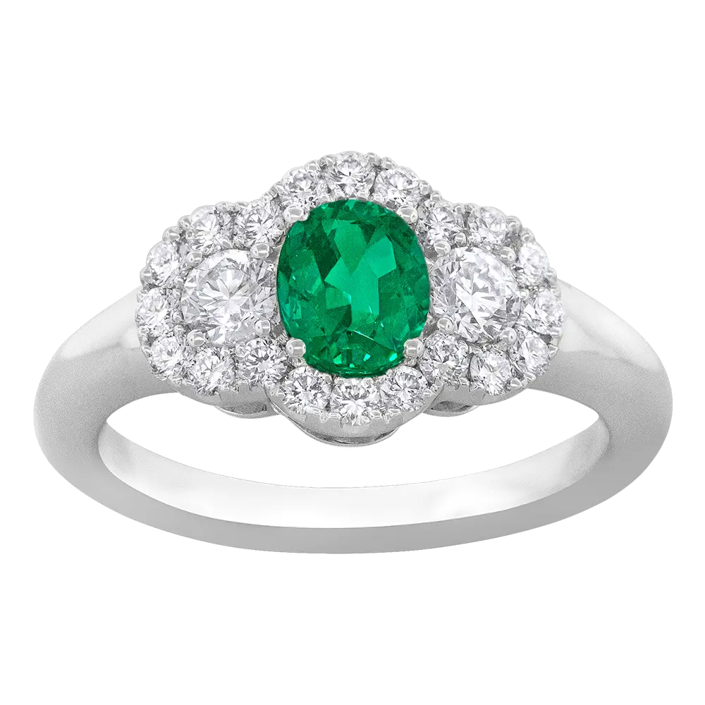 18Kt White Gold Halo Style Ring With An Oval Emerald Weighing 0.60ct And (21) Round Diamonds Weighing 0.67ct