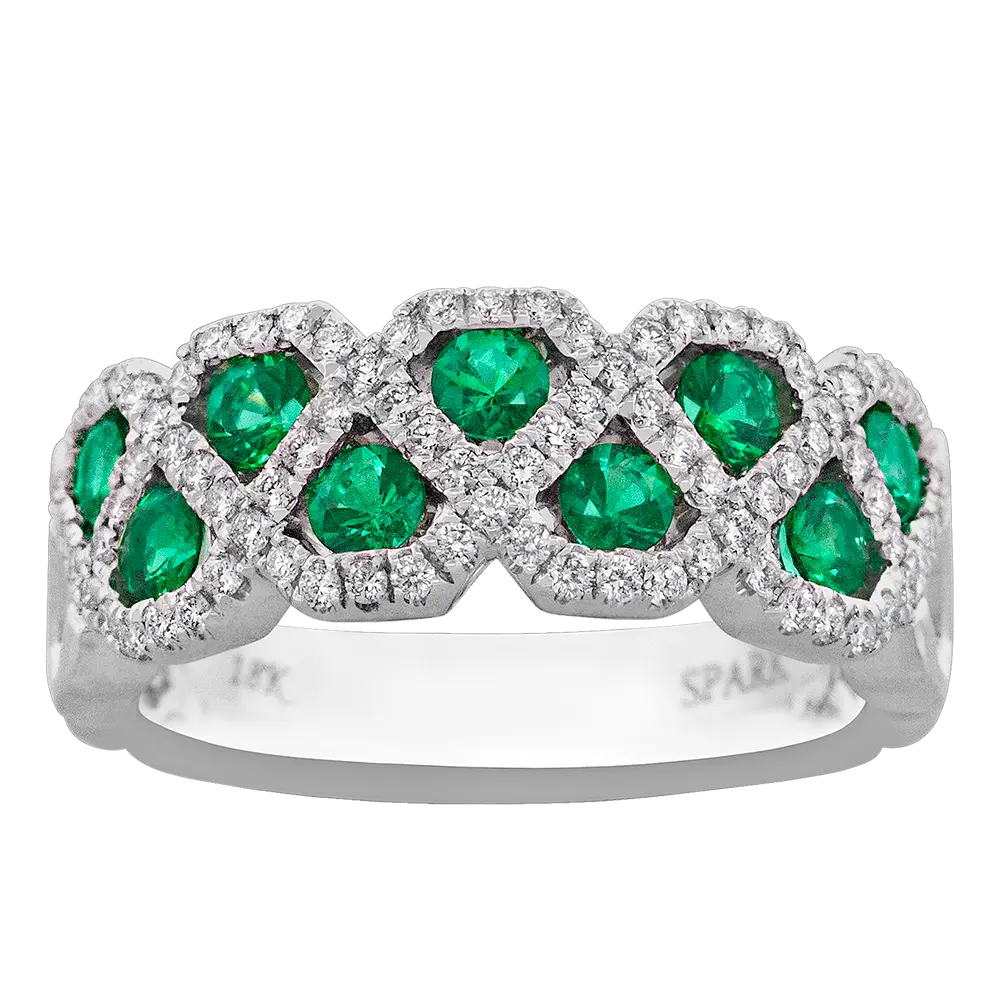 18Kt White Gold Band With (9) Round Emeralds Weighing 0.72ct And (82) Round Diamonds Weighing 0.38ct