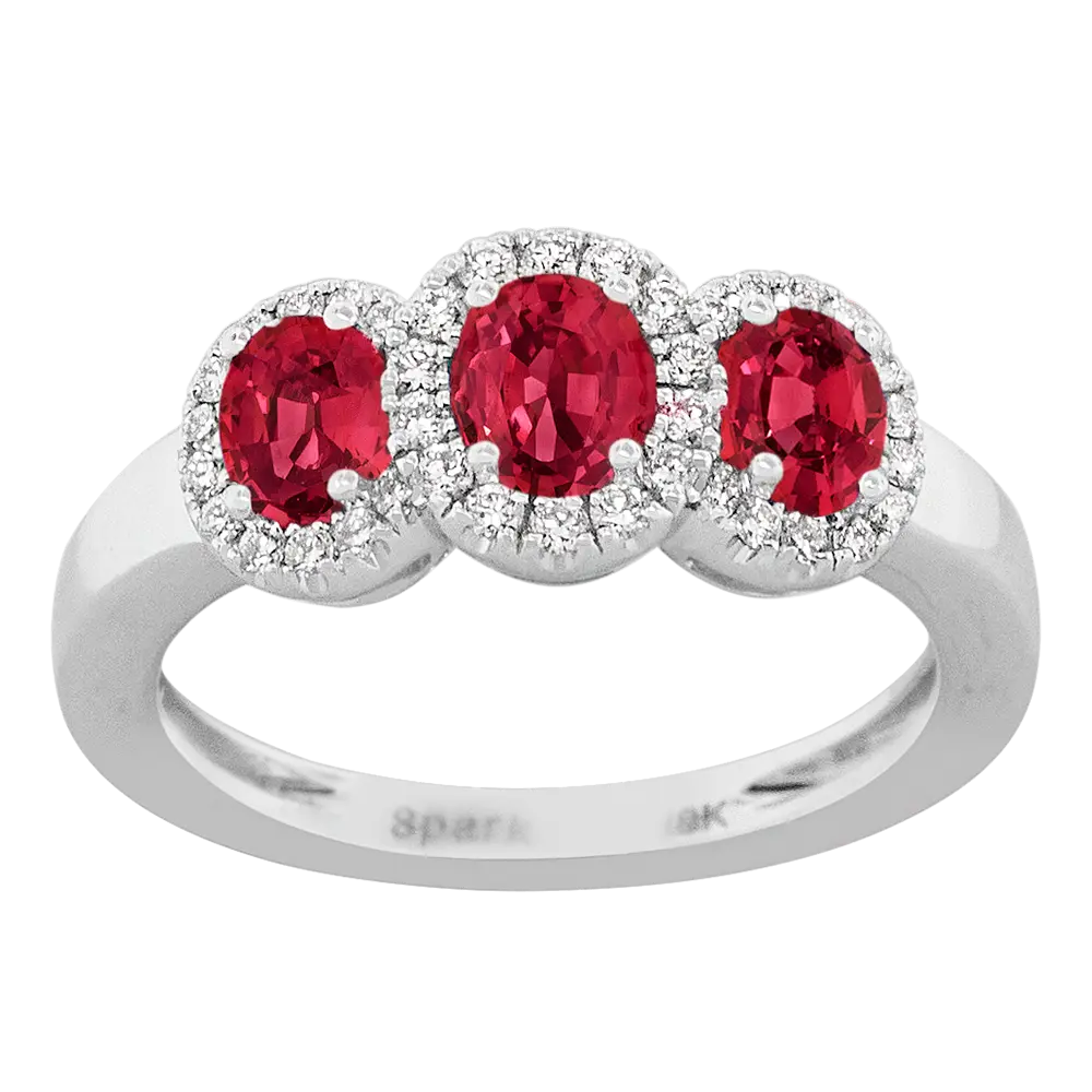 18Kt White Gold Halo Style Ring With (3) Oval Rubies Weighing 1.20ct And (38) Round Diamonds Weighing 0.24ct