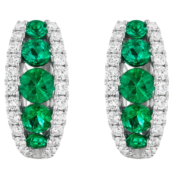 [E5596-EM] 18Kt White Gold Drop Earrings With (10) Round Emeralds Weighing 0.88ct And (48) Round Diamonds Weighing 0.44ct