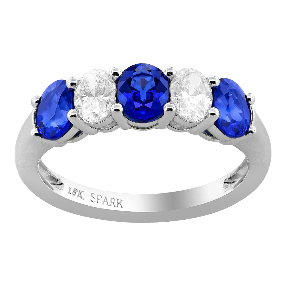18Kt White Gold Ring With (3) Oval Sapphires Weighing 1.50ct And (2) Oval Diamonds Weighing 0.50ct