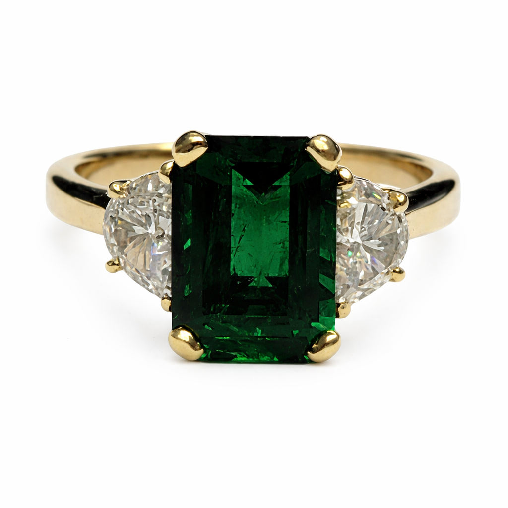 [22005] 18Kt Yellow Gold Three Stone Ring With an Emerald Cut Emerald Weighing 2.63ct And (2) Half Moon Diamonds Weighing 0.71ct