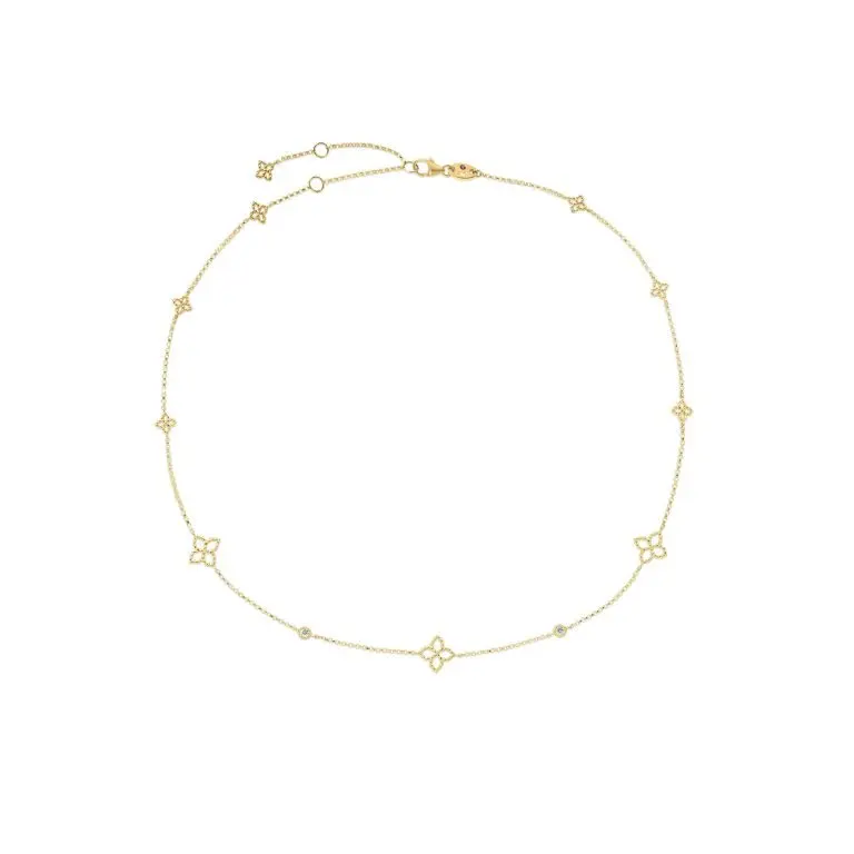 [7773793AY17X] Principessa Flower Station Necklace With (2) Round Diamonds Weighing 0.06cttw in 18Kt Yellow Gold
