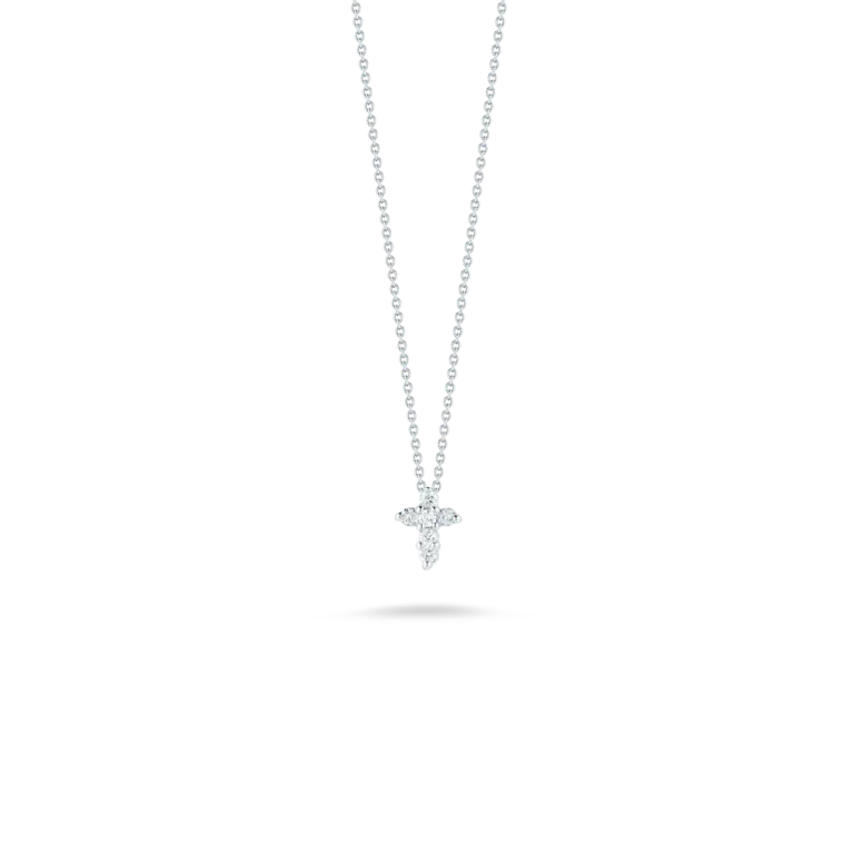 18Kt White Gold Tiny Treasures Baby Cross Necklace With (6) Round Diamonds Weighing 0.11cttw