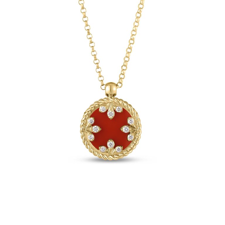 [8883531AY17XR] Venetian Medallion Red Agate Necklace With (12) Round Diamonds Weighing 0.05ct In 18Kt Yellow Gold