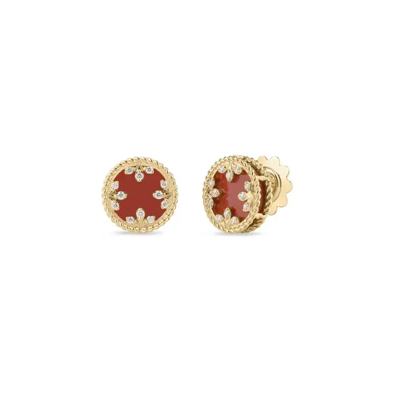 Red Agate Venetian Medallion Earrings With (24) Round Diamonds Weighing 0.10cttw In 18Kt Yellow Gold