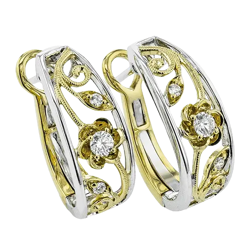 18Kt Two Toned Flower Drop Earrings With (6) Round Diamonds Weighing 0.22cttw