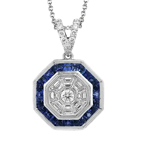 18Kt White Gold Necklace With (11) Round Diamonds Weighing 0.13ct, (8) Baguette Diamonds Weighing 0.33ct, And (24) Princess Cut Sapphires Weighing 0.74ct