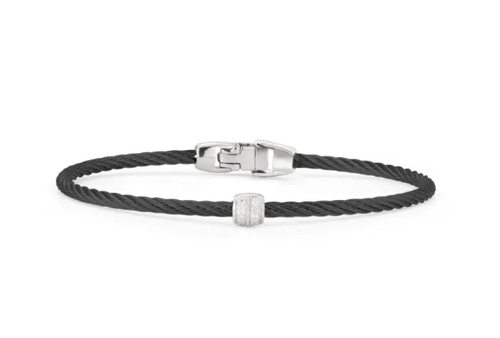 18Kt White Gold Black Nautical Cable Single Barrel Station Bracelet With (8) Round Diamonds Weighing 0.07cttw