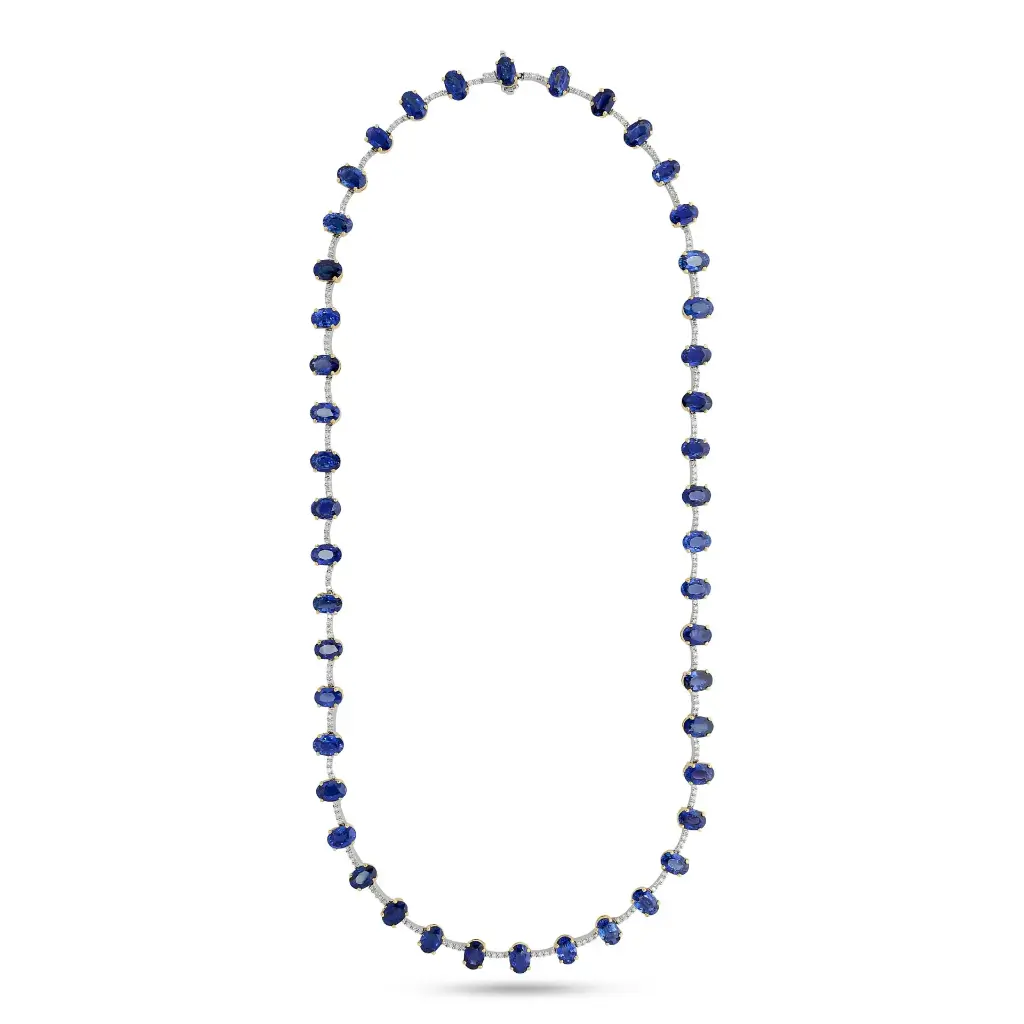 Platinum and 18Kt Yellow Gold Necklace With (46) Oval Sapphires Weighing 35.72ct And (184) Round Diamonds Weighing 1.02ct