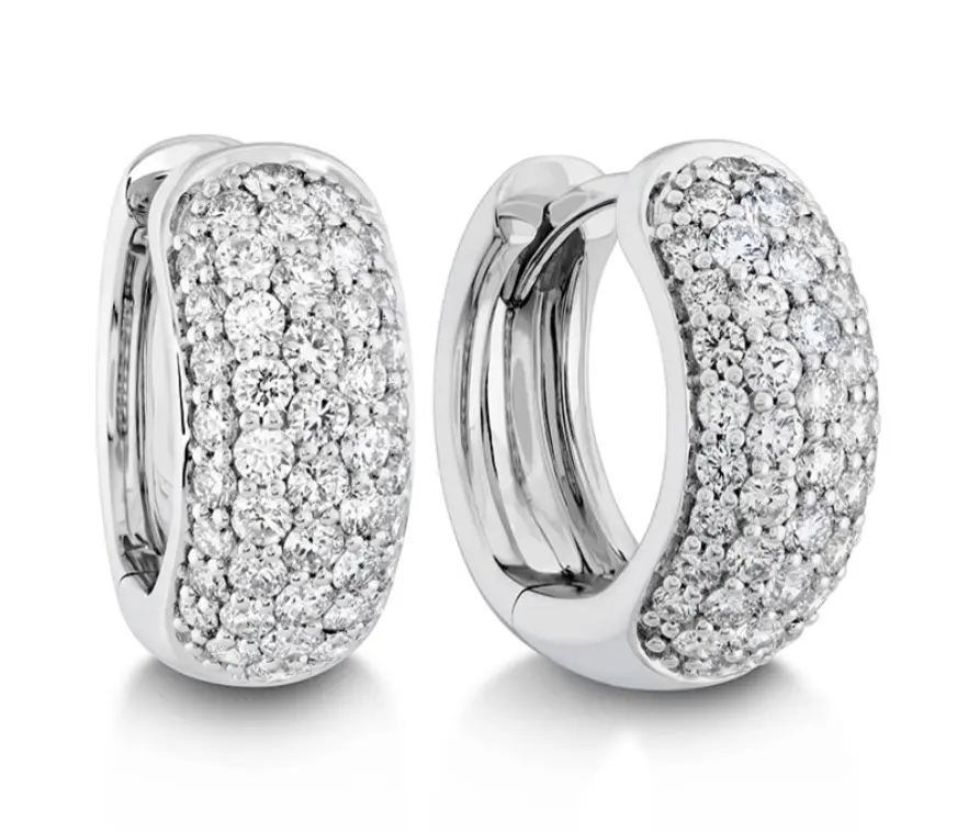 18Kt White Gold 1/2 Pair Pave Huggie Hoop With (44) Round Diamonds Weighing 0.39cttw