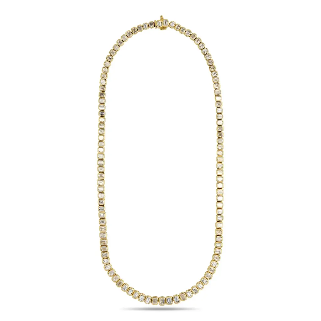 18Kt Yellow Gold Graduated Bezel Necklace With (126) Emerald Cut Diamonds Weighing 17.57cttw