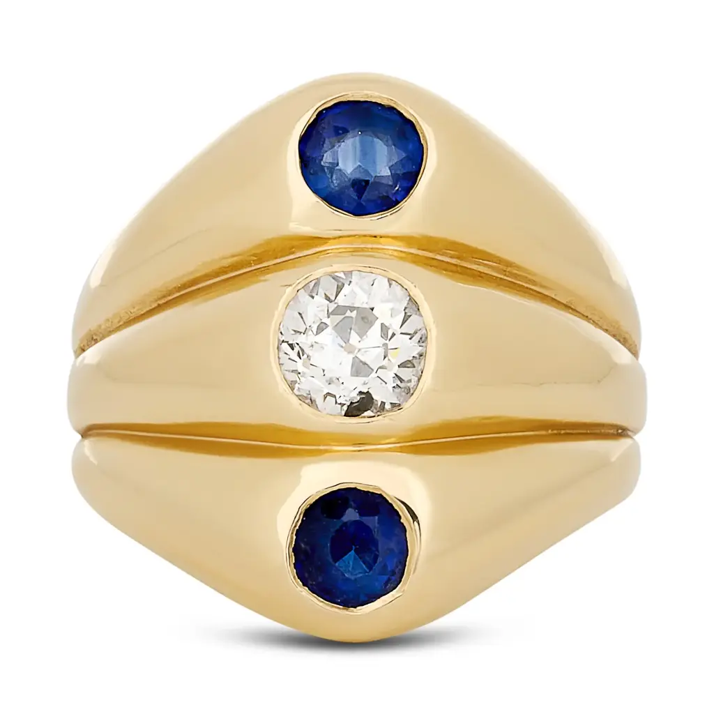 14Kt Yellow Gold Ring With (2) Round Sapphires Weighing 0.60ct And (1) Old European Cut Diamond Weighing 0.50ct