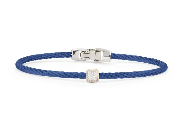14Kt Rose Gold Blueberry Nautical Cable Single Barrel Station Bracelet With (8) Round Diamonds Weighing 0.07cttw