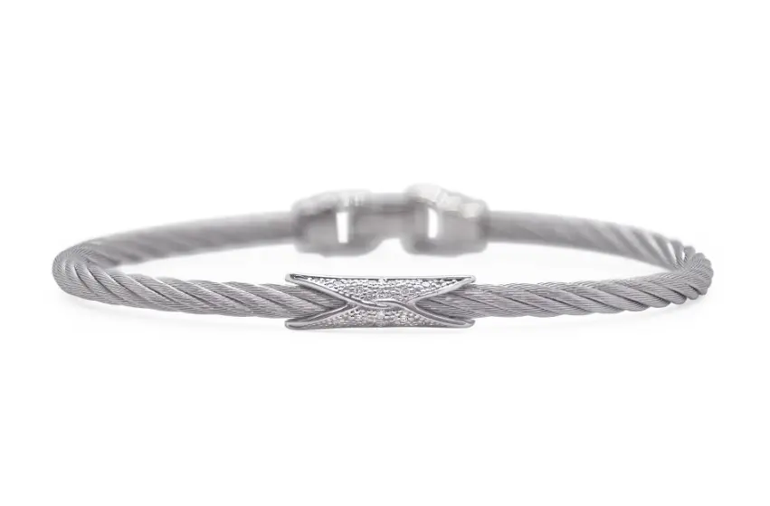 18Kt White Gold Grey Nautical Cable 3mm Hourglass Bangle With (14) Round Diamonds Weighing 0.07cttw