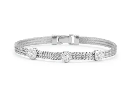 14Kt White Gold Grey Nautical Cable Triple Circle Station Bracelet With (27) Round Diamonds Weighing 0.14cttw