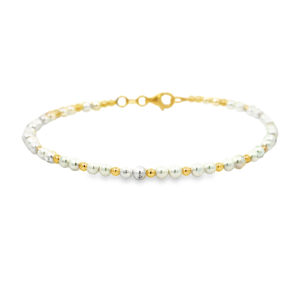 [PB46AY] 3.5x3mm Cultured Pearl And Beaded 7" Cuff Bracelet In 14Kt Yellow Gold